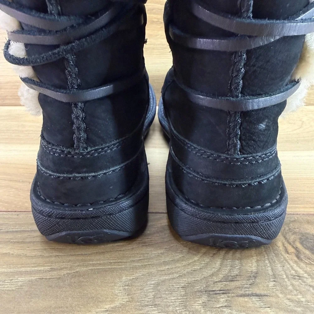 UGG Catalina Tie Lace Mid Calf Boot Womens 5 Black Leather Sherpa Shearling 1664
